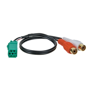 Aux adapter til Renault biler med grøn stikforbindelse og rød/hvid RCA lydudgangskabel