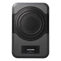 Alpine aktiv subwoofer 240 watt med kompakt design og sort metalgitter til kraftfuld lydgengivelse.