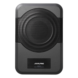 Alpine aktiv subwoofer 240 watt med kompakt design og sort metalgitter til kraftfuld lydgengivelse.