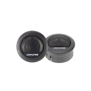 Alpine SXE-1006TW tweeter/diskant sæt i sort med aluminiumsgrill til forbedret lydkvalitet i bilstereosystemer.