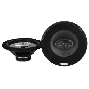 Alpine SXE-2035S 8 tommer 3 vejs coaxial bilhøjttaler med sort gitter og sølvdetaljer set forfra og fra siden