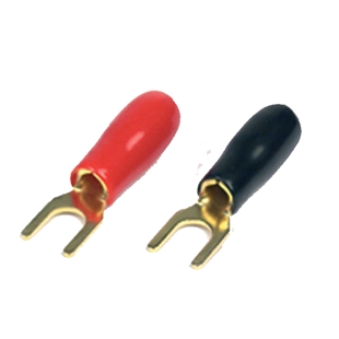 Caliber spade terminal med isoleret rød og sort kappe, guldbelagte spadestik til elektriske forbindelser.