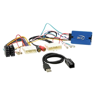 ACV ratstyring til Nissan, kompatibel med Alpine, inklusive ledningsnet og USB-kabel til installation af bilradio.