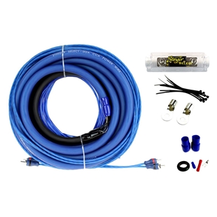 Stinger Kabelkit 2-kanals 50mm2, 1500w med blå kabler, sikringsholder og tilslutningskomponenter til bilforstærkerinstallation.
