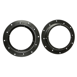 Sort højttalerramme i plast til VW diverse fordør med 165mm diameter, vises front og side.