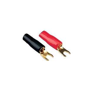 Sort spadeterminal til 20mm2 kabler med isolering, 50 stk, vist sammen med rød spadeterminal for strømkredse og elektriske forbi