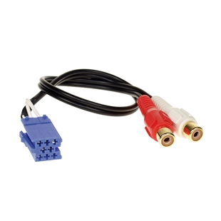 Aux in adapter Grundig MINIiso til phono med sort kabel og rød og hvid RCA stik.