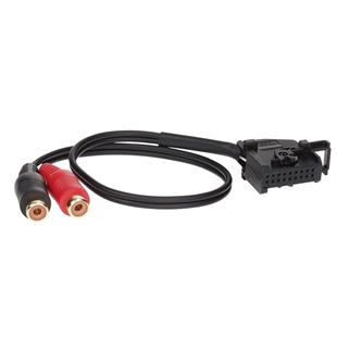 Aux adapter med 12-pin stik til Seat, Skoda og VW biler med mdF2 interface, sort kabel med røde og sorte RCA stik.