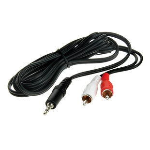 Sort 1,5 meter lydkabel med 3,5mm mini-jack til to phono RCA stik i rød og hvid for nem tilslutning af lydudstyr.