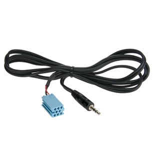 Sort aux adapter kabel med MINI-iso stik til mini-jack stik, 1,25 meter lang, til lydtilslutning i bil eller elektroniske enhede