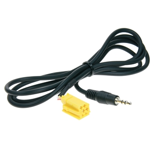Sort AUX adapter kabel med MINI-iso til mini-jack stik og gul MINI-iso connector, længde 1,25 meter