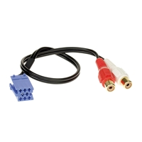 Aux adapter med blå Becker/Blaupunkt/VDO stik og røde og hvide RCA hun-stik til lydtilslutning