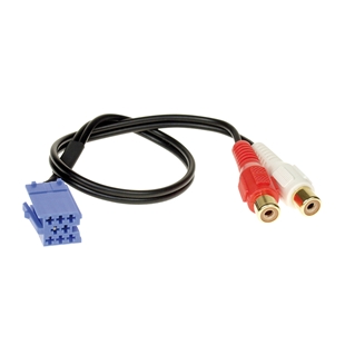 Aux adapter med blå Becker/Blaupunkt/VDO stik og røde og hvide RCA hun-stik til lydtilslutning