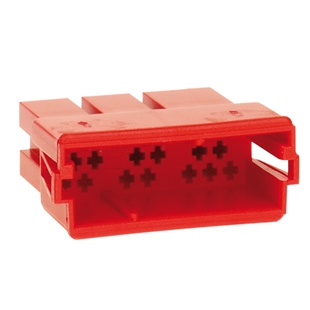 Rødt 20 pin hus til MINI-isostik med kompakt design og sikre forbindelser, ideel til elektronik og bilinstallationer.