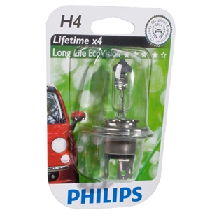 Philips H4 longlife ecovision bilpære 12v 60/55w p43t-38 i blisterpakke med grøn baggrund og rød bilillustration.