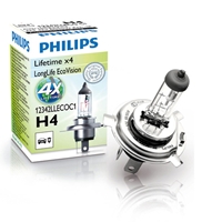 Philips H4 longlife ecovision 12v 60/55w p43t-38 bilpære med langs levetid og energivenlig teknologi, vist ved siden af emballag