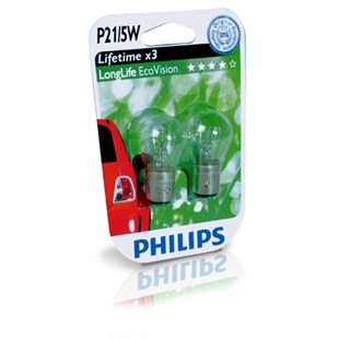 P21/5w longlife ecovision 12v 21/5w bilpære fra Philips med længere levetid og energieffektiv design i klar glasemballage med gr
