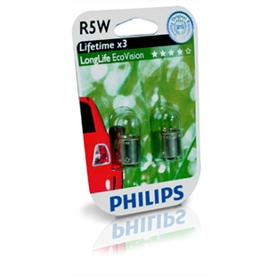 Philips R5W longlife EcoVision 12V 5W BA15s bilpærer i pakke med to stk, energieffektive og langtidsholdbare lyskilder til billy