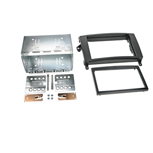 2-DIN monteringskit i sort til Mercedes modeller w169, w245, w639 og Crafter, inklusive metalramme og plastikrammer.