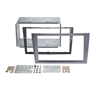 2-DIN installationskit i charcoal metal til diverse Opel-modeller med metalramme, monteringstilbehør og skruer.