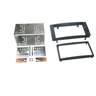 2-DIN kit til installation af bilradio i Touareg, T5 og Multivan, sort finish med metalbeslag og plastindramninger.