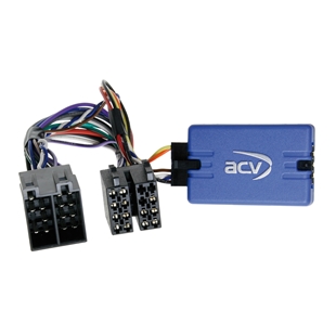ACV ratstyringsadapter til Fiat Ulysse med Sony multimediesystem, blå modul med kabler og stik.