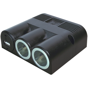 Sort strømudtag med to 16A stik og ét USB 1A port til skruemontering, kompakt design til nem installation.