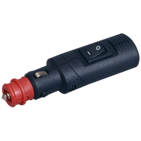Hanstik 12/24v 8amp med afbryder i sort plast med rød kontaktende og tænd/sluk-knap til bilstrøm