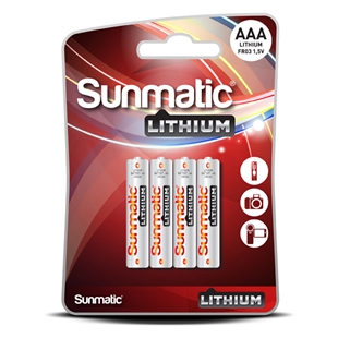 Sunmatic lithium AAA 1,5 V batterier i 4-pack til kameraer, fjernbetjeninger og små elektroniske enheder, emballage med rød og h