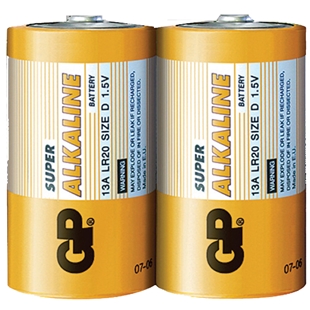 To GP LR20 D 1.5V alkaline batterier med gul og hvid emballage, frontbillede, 20 stk. pakke batteri