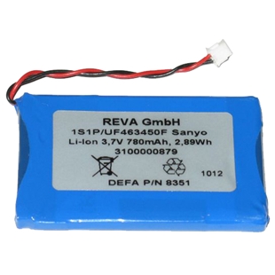 Blåt DEFA backup Li-ion batteri 3,7V 780mAh til link/dt30 med hvid stikforbindelse og label fra REVA GmbH.