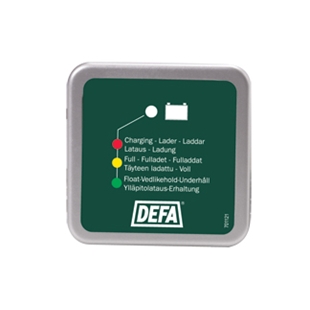 LED display til DEFA oplader med indikator for opladning, fuld kapacitet og vedligeholdelse, kompatibel med 7A og 15A modeller.