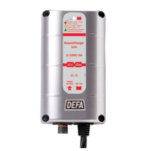 DEFA rescuecharger 12v 1 x 15a batterioplader i gråt kabinet til opladning og vedligehold af 12V batterier