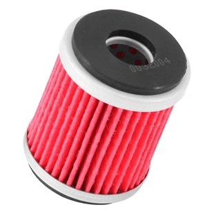 K&N oliefilter med rødt filtermateriale, designet til Yamaha, Fantic og MBK motorcykler, med metal- og plastafslutninger.