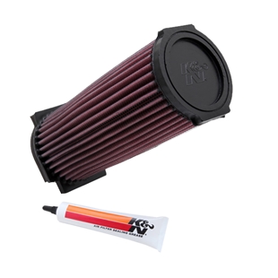 K&N luftfilter til Yamaha flere modeller med tilhørende tætningsfedt, rød-lilla konisk filterindsats og sort gummiramme.