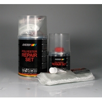 Motip Reparationssæt 250gr med polyester reparationssæt, hærder, pensel og glasfiberdug til bilreparationer.