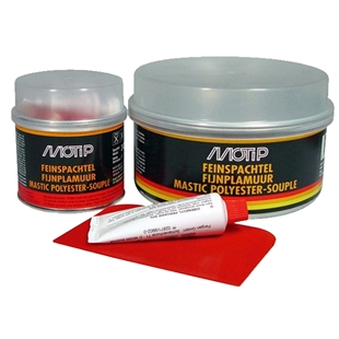 Motip Spartelmasse fin 1kg med polyester og spartel til reparation og udfyldning af overflader.