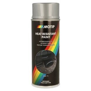 Spraydåse med varmefast sølv maling 400ml, 800 grader varmebestandig lak fra Motip, til beskyttelse mod høje temperaturer