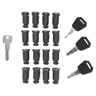 THULE One Key System nøgle og cylinder i close-up, høj kvalitet låsesystem til Thule produkter, 16-pack nøglesæt med sort nøgleh