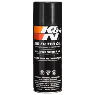 K&N olie spray 408ml til luftfiltre med brandfarlig formel og advarsler på sort aerosol dåse