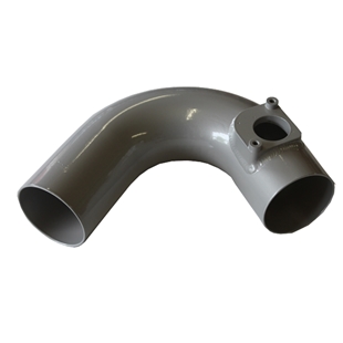 Grå metal Tornado tube med 90 graders bøjning og indvendig diameter på 66mm til ventilation eller aftrækssystemer.