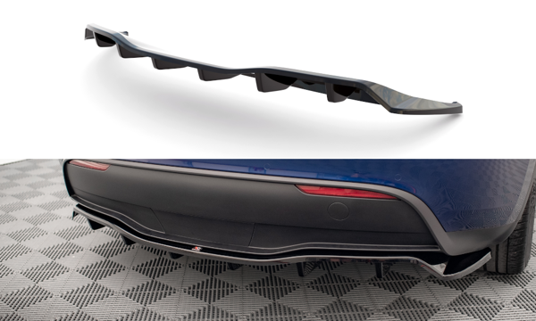 Maxton Central Rear Splitter (With Vertical Bars) Tesla Model Y - Gloss Black