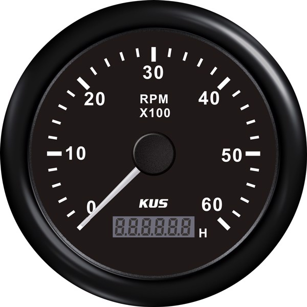 KUS omdrejningstæller m/timetæller til diesel sort, 0-6000