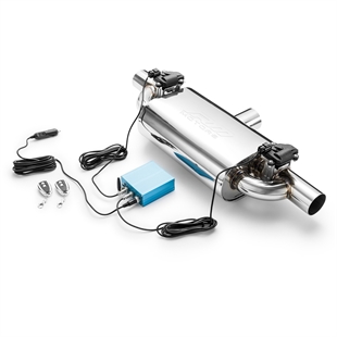 RM Motors Tværgående Straight-Through Lyddæmper Med Elektrisk Ventil E600 Indgangsdiameter 63,5 mm & Udgangsdiameter 2x50 mm